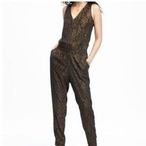 Black & Gold Metallic Baroque Print Sleeveless Drawstring Waist Jumpsuit, M NWT
